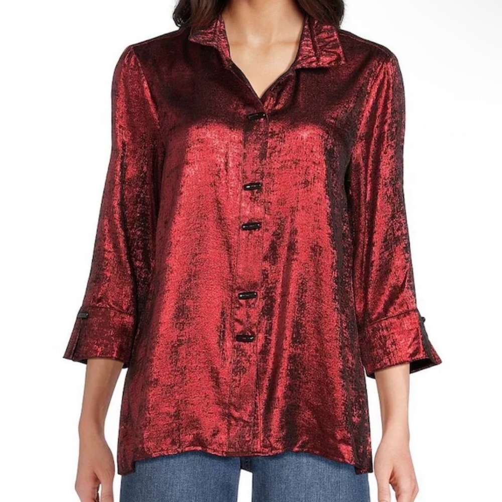NWT Ali Miles Deep Red Elegant Women's Plus Size Shimmer Tunic Top Blouse 2X